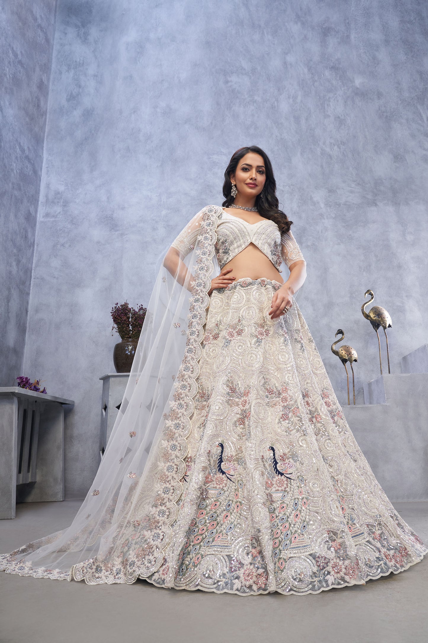 Alluring Bel Butti Pattern Ivory Sangeet Lehenga Choli