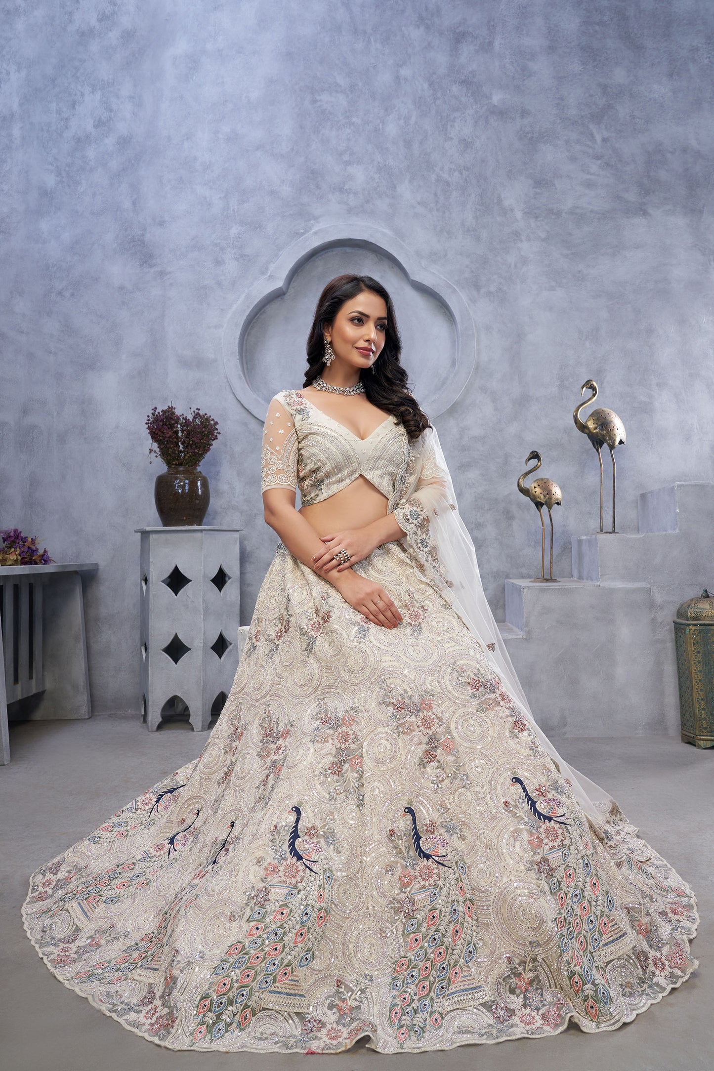 Alluring Bel Butti Pattern Ivory Sangeet Lehenga Choli