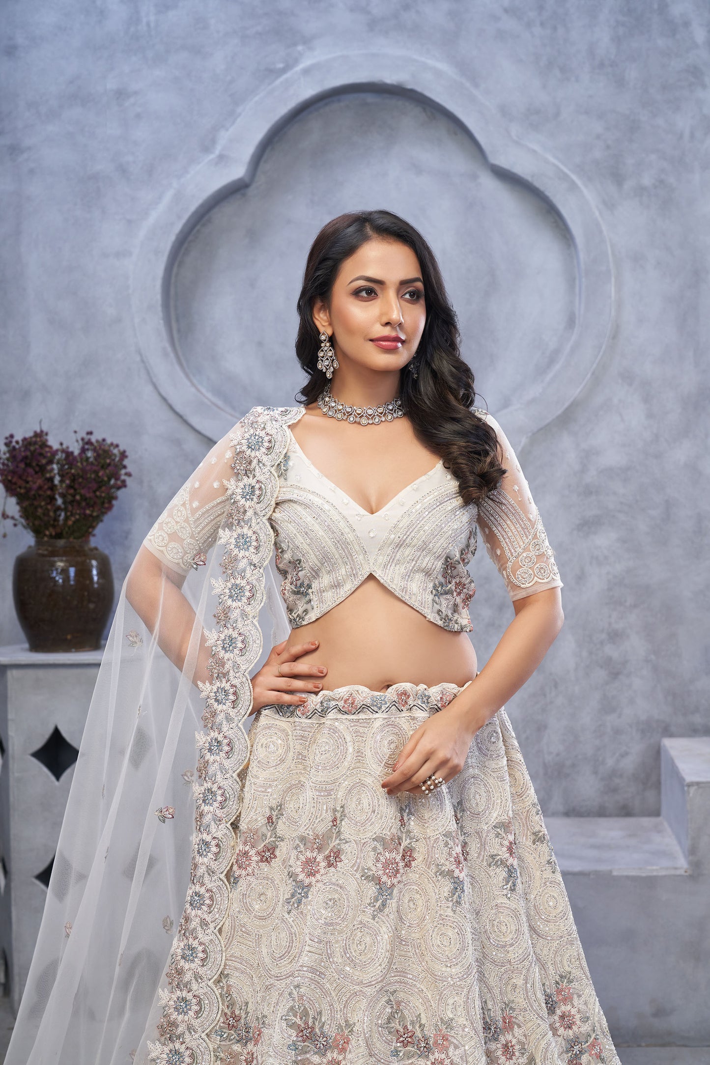 Alluring Bel Butti Pattern Ivory Sangeet Lehenga Choli