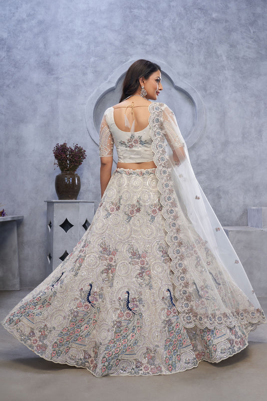 Alluring Bel Butti Pattern Ivory Sangeet Lehenga Choli