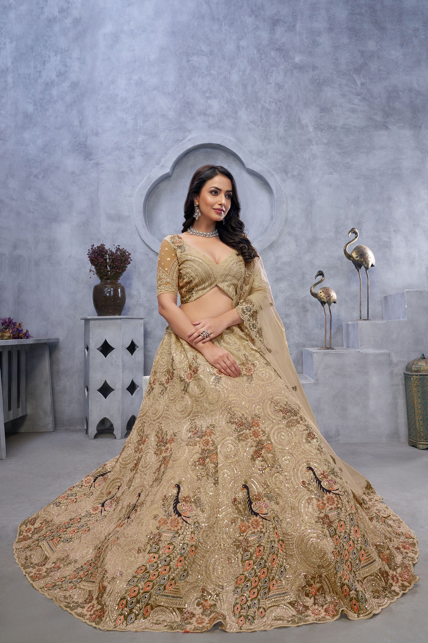 Golden Net Peacock & Bagh Sequins Embroidery Wedding Lehenga