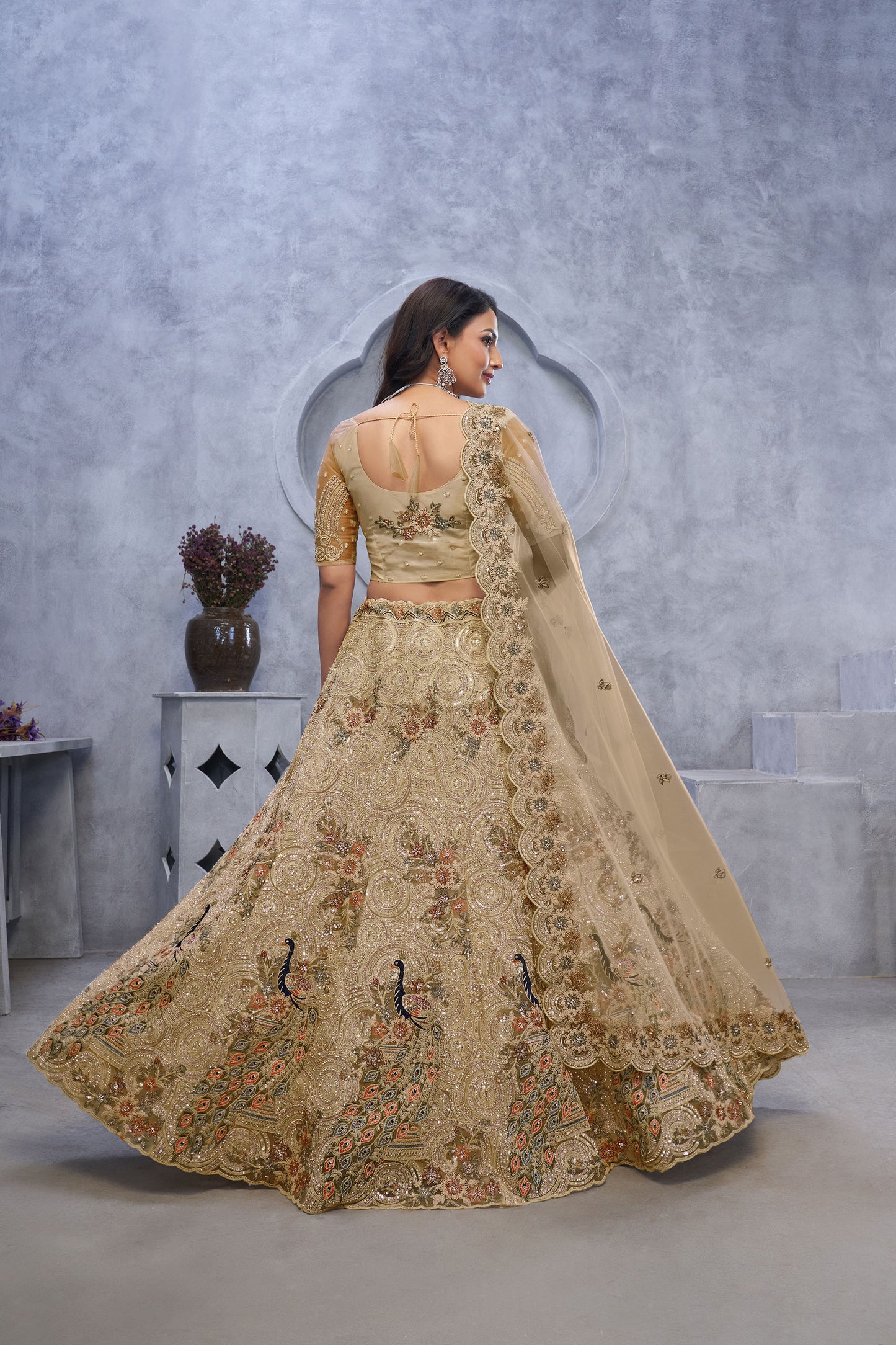 Golden Net Peacock & Bagh Sequins Embroidery Wedding Lehenga