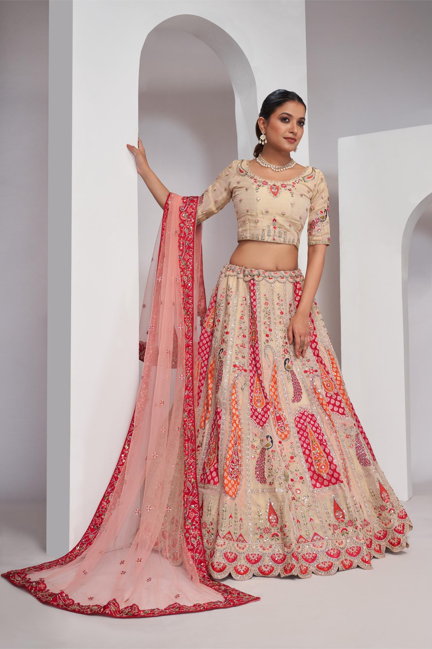 Ivory Peacock and Paisley Motifs Banarasi Haldi Lehenga