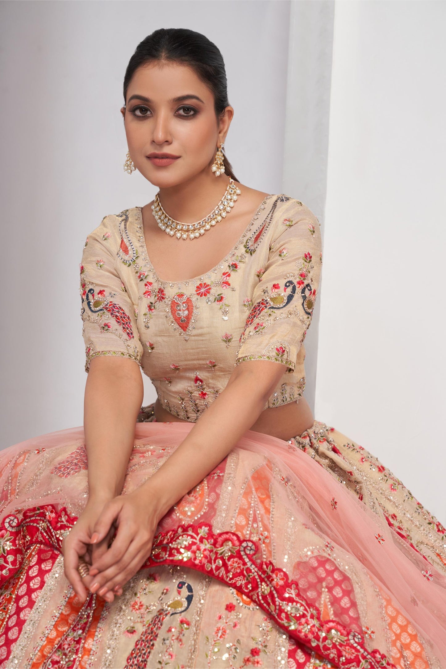 Ivory Peacock and Paisley Motifs Banarasi Haldi Lehenga