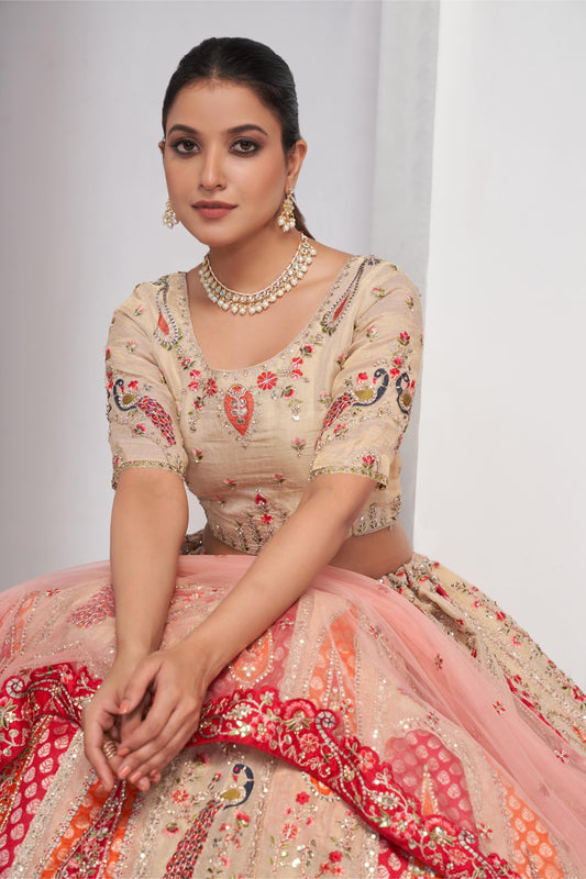 Ivory Peacock and Paisley Motifs Banarasi Haldi Lehenga