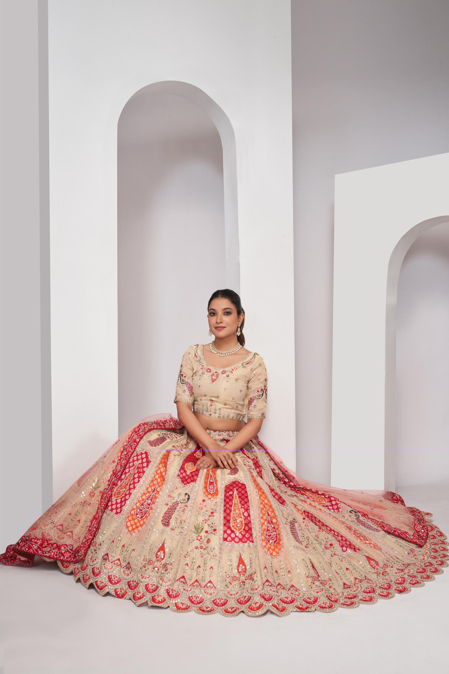 Ivory Peacock and Paisley Motifs Banarasi Haldi Lehenga