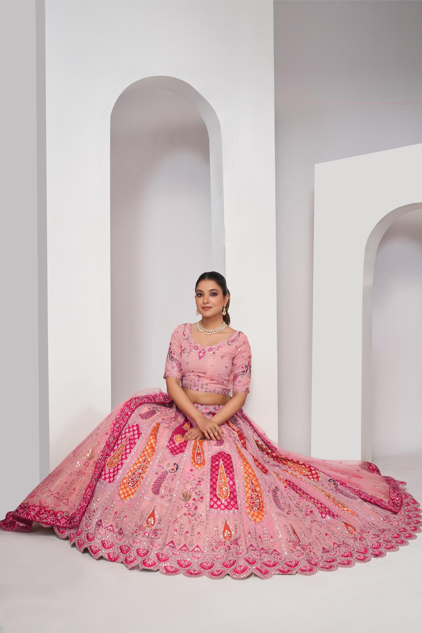 Pink Peacock and Paisley Motifs Banarasi Sangeet Lehenga