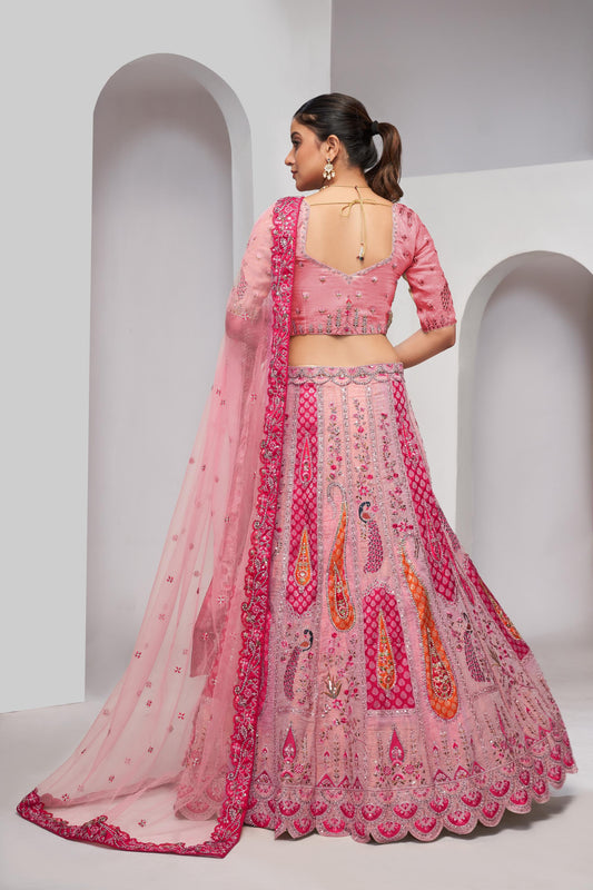 Pink Peacock and Paisley Motifs Banarasi Sangeet Lehenga