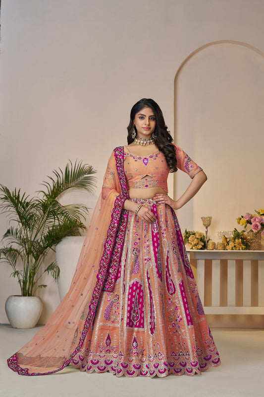 Orange Bel Butti Pattern Silk Engagement Lehenga Choli