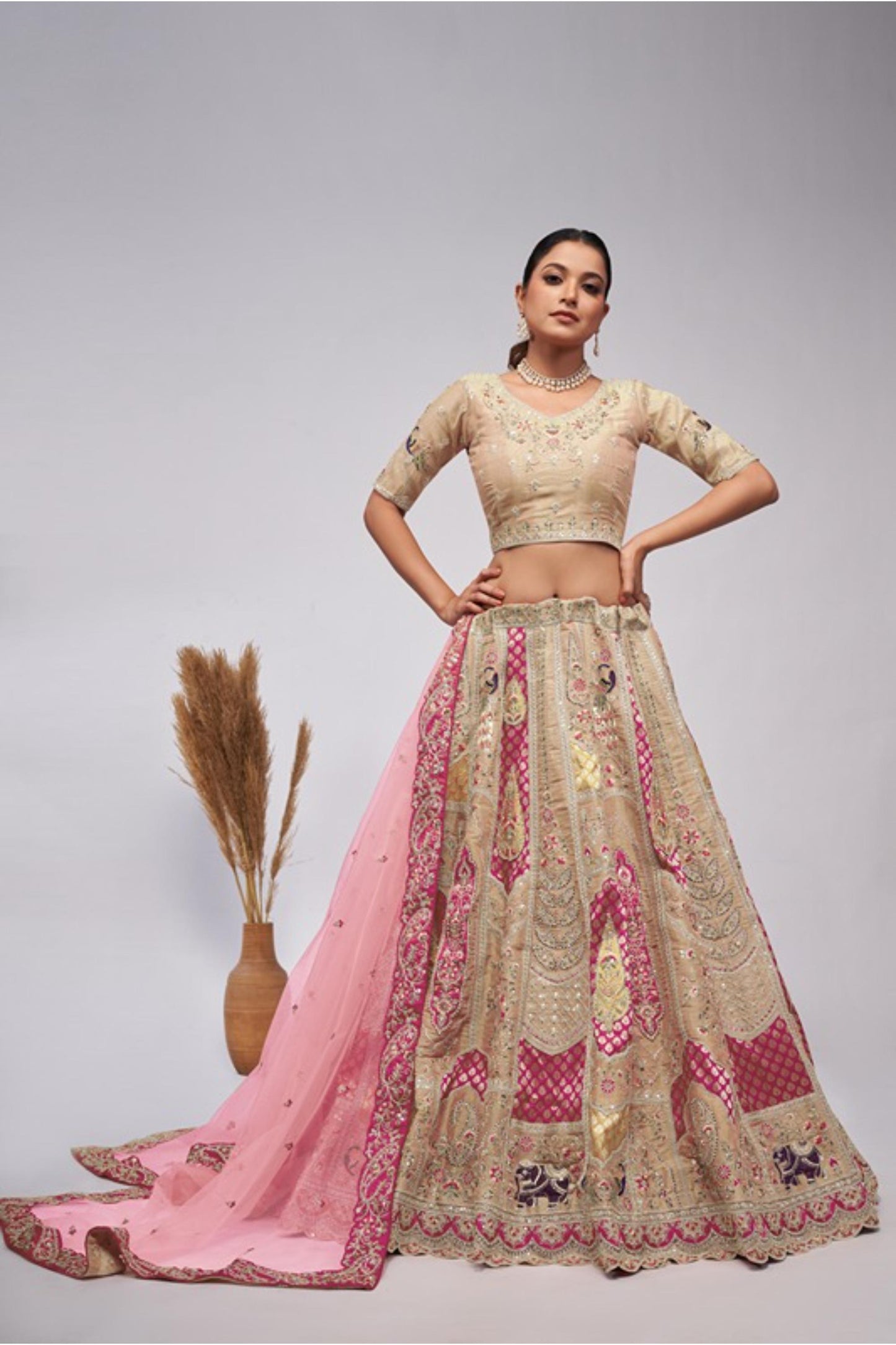 Ivory Silk Heavy Sequins & Motifs Embroidered Sangeet Lehenga