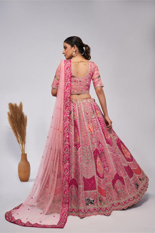 Pink Silk Heavy Sequins & Motifs Embroidered Reception Lehenga