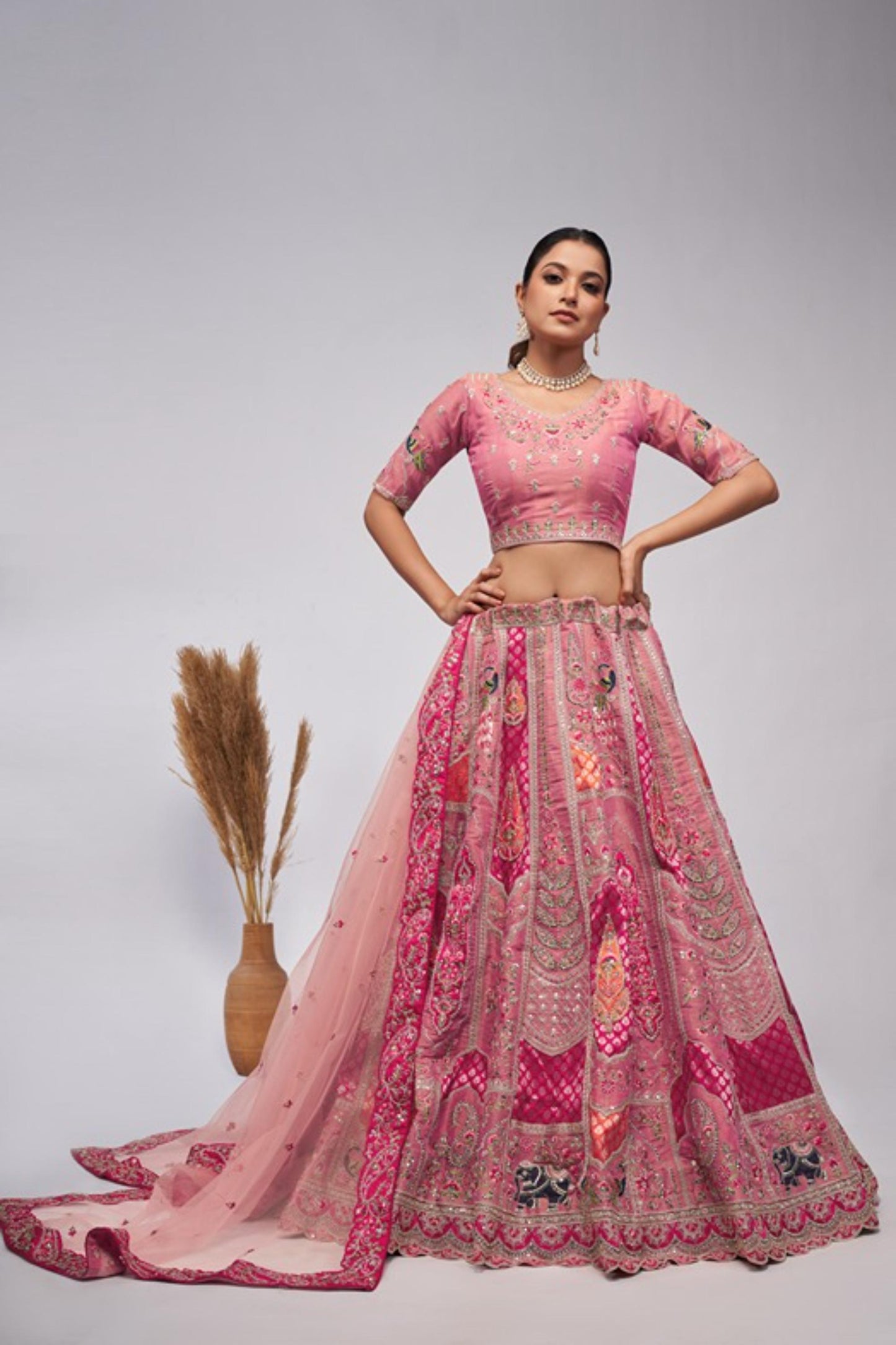Pink Silk Heavy Sequins & Motifs Embroidered Reception Lehenga