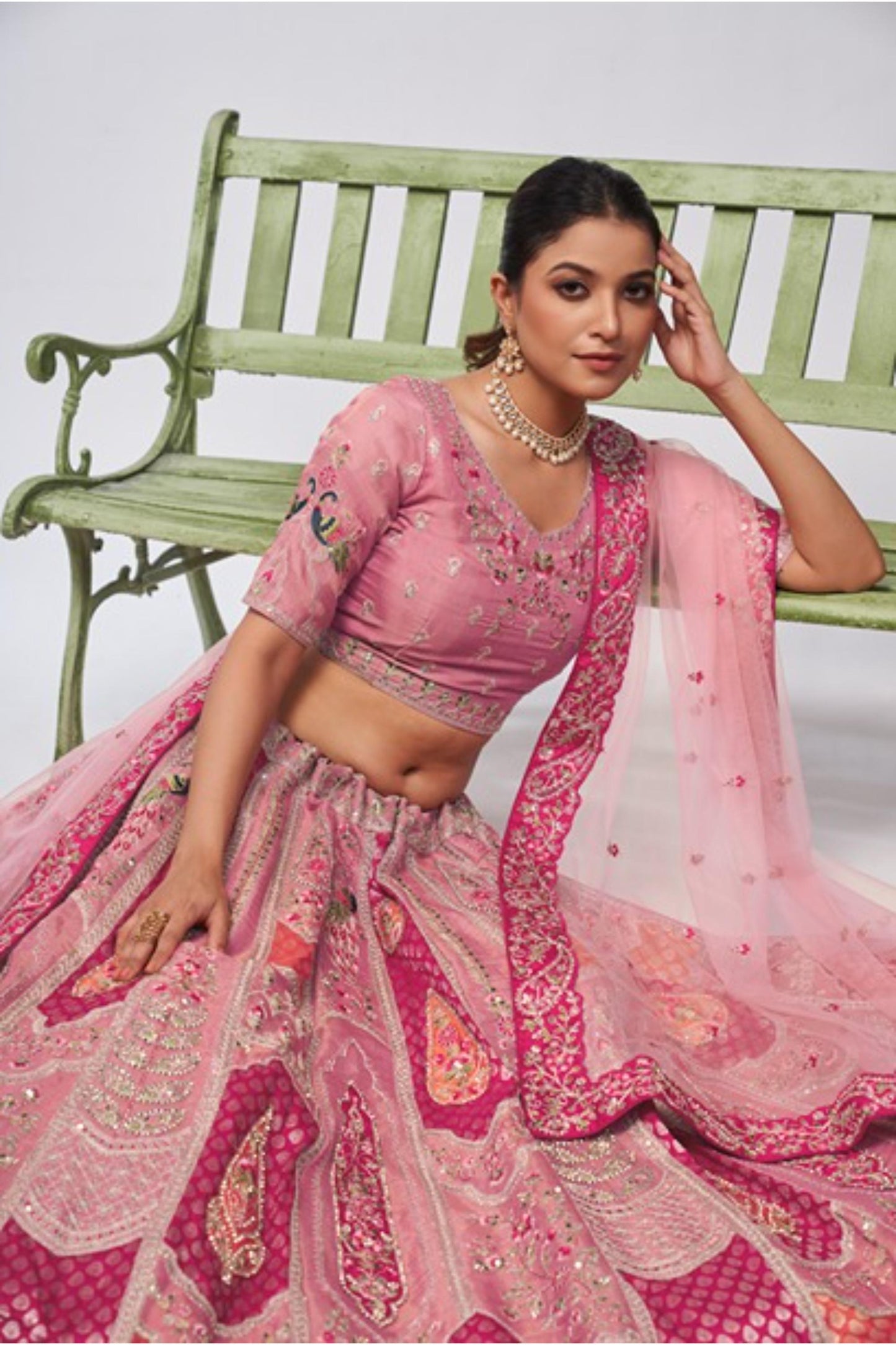 Pink Silk Heavy Sequins & Motifs Embroidered Reception Lehenga