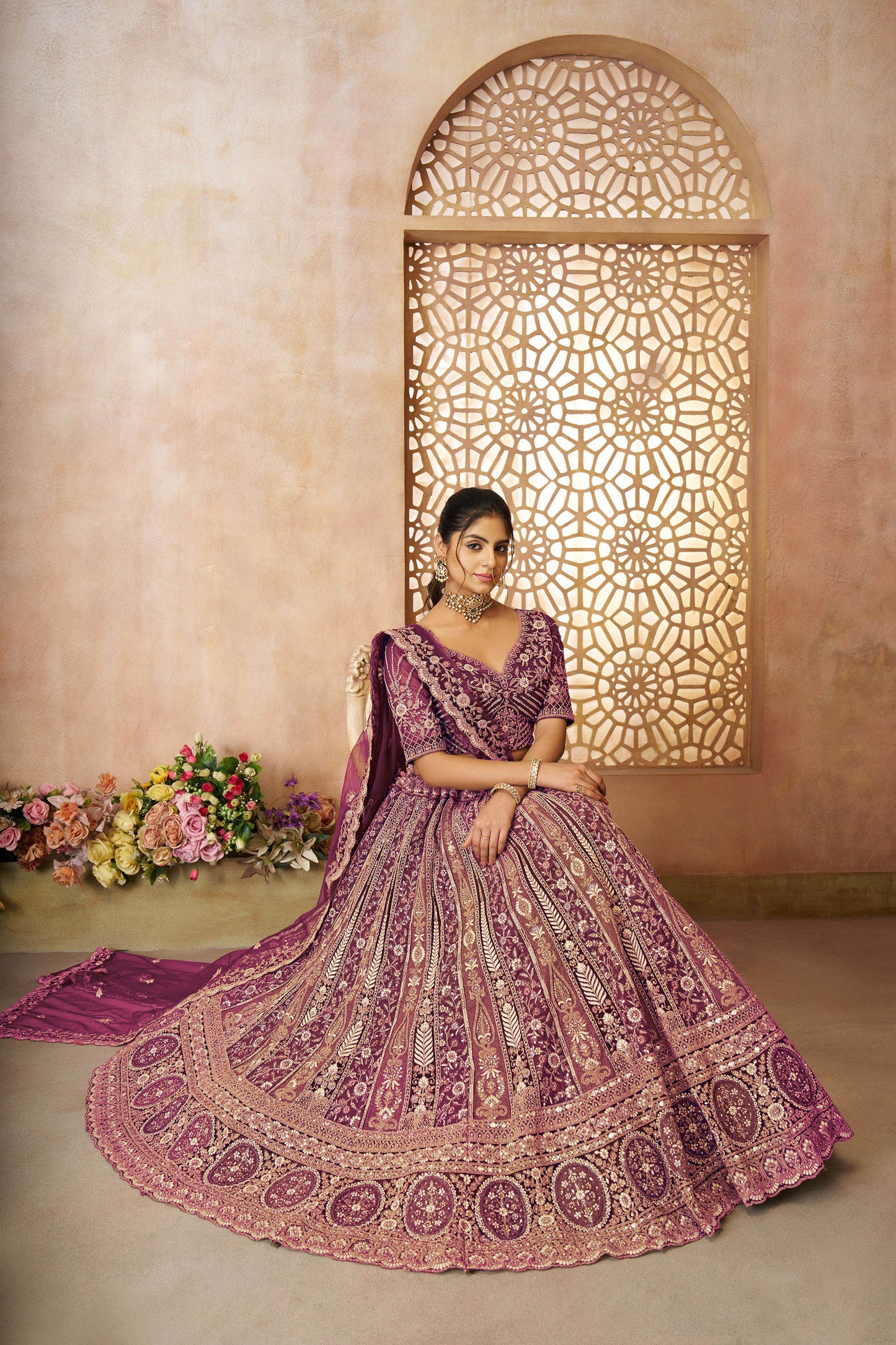 Dark Purple Soft Net Sequins & Zari Embroidery Bridal Lehenga