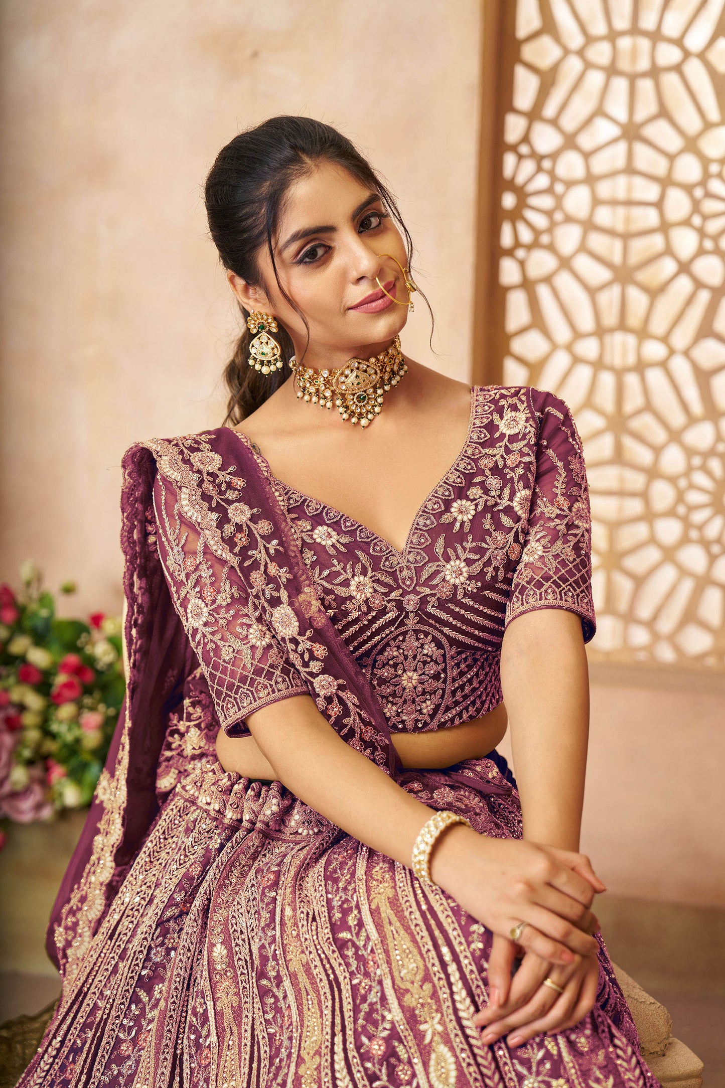 Dark Purple Soft Net Sequins & Zari Embroidery Bridal Lehenga