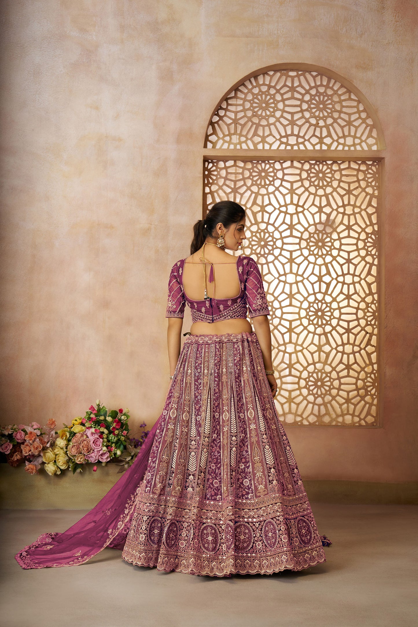 Dark Purple Soft Net Sequins & Zari Embroidery Bridal Lehenga