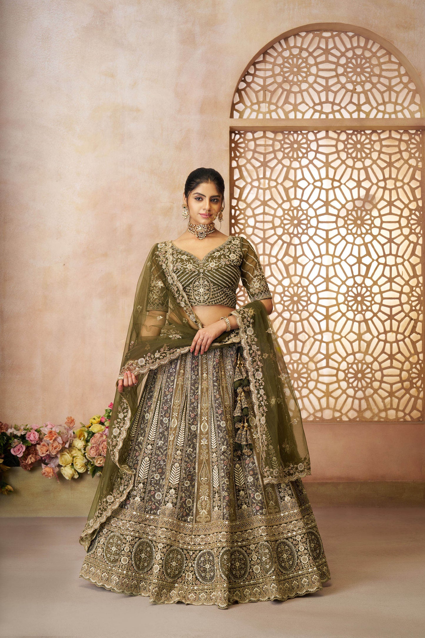 Grandeur Green Zari Embroidered Soft Net Bridal Lehenga