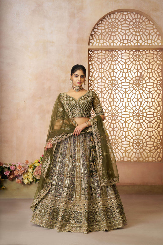 Green Soft Net Sequins & Zari Embroidery Bridal Lehenga for Mehendi
