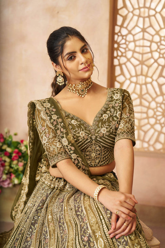 Grandeur Green Zari Embroidered Soft Net Bridal Lehenga