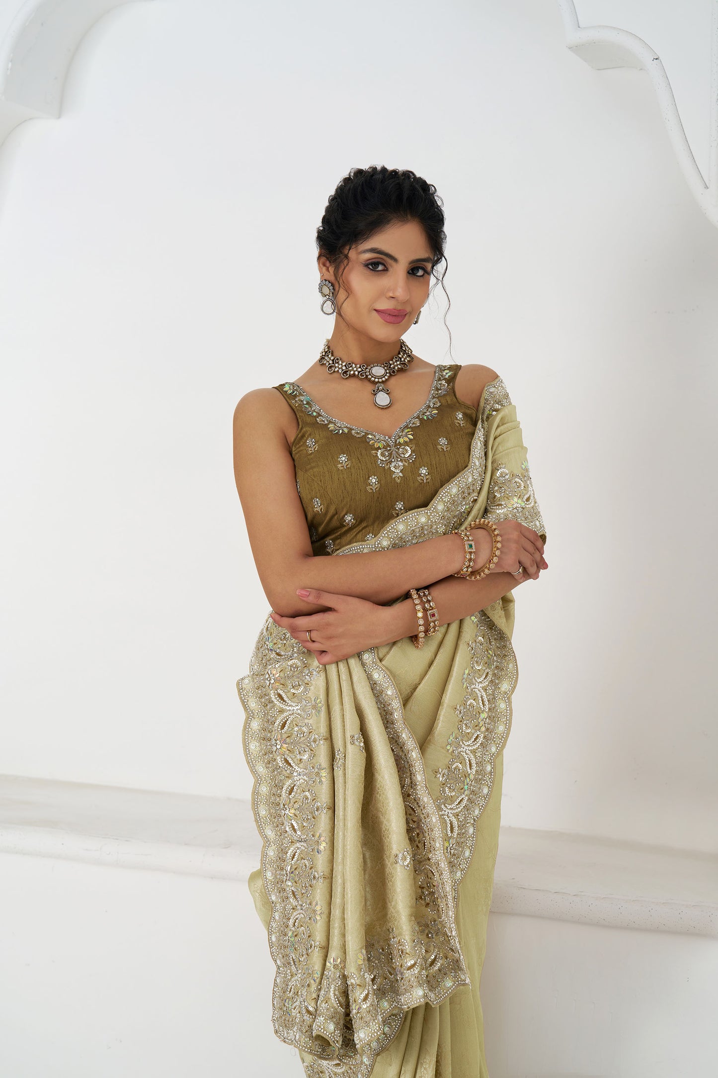 Olive Green Dola Viscose Silk Sequins And Beads Embroidery Festival Saree