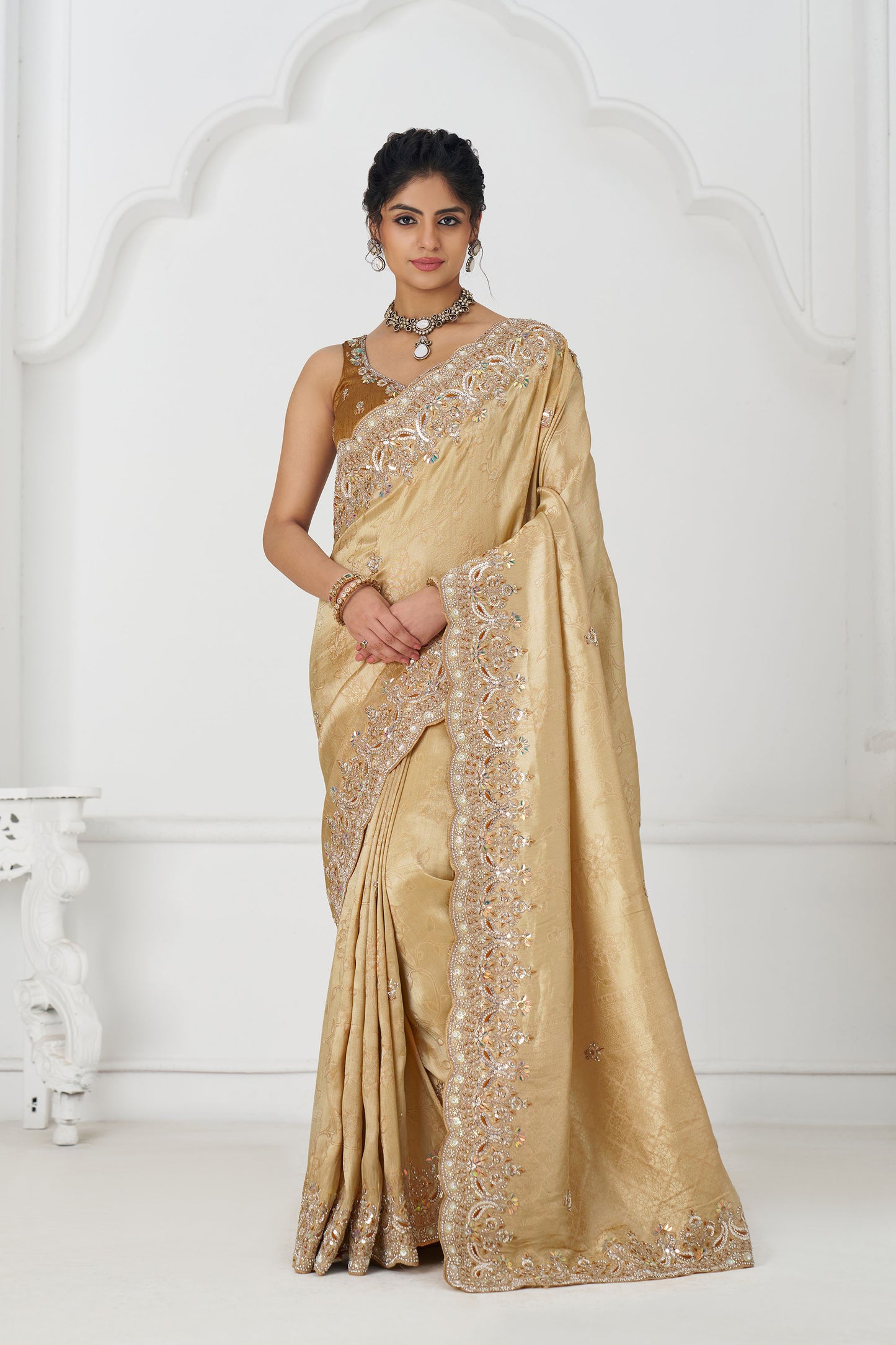 Golden Dola Viscose Silk Sequins And Beads Embroidery Festival Saree