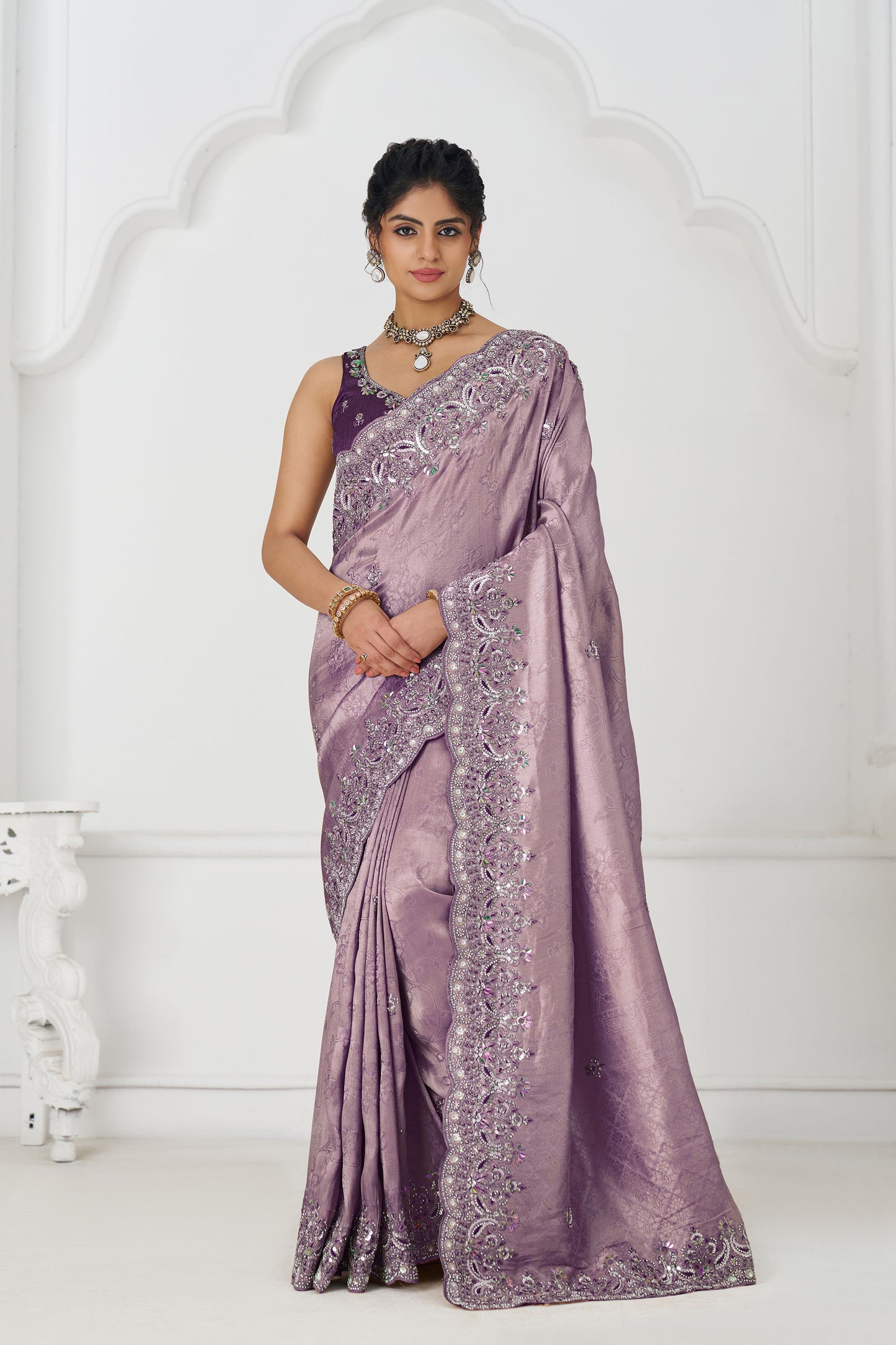 Mauve Dola Viscose Silk Sequins And Beads Embroidery Festival Saree