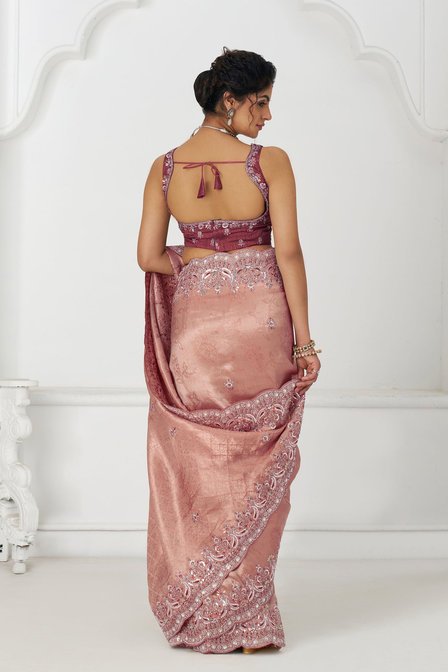 Pink Dola Viscose Silk Sequins And Beads Embroidery Bridesmaid Saree