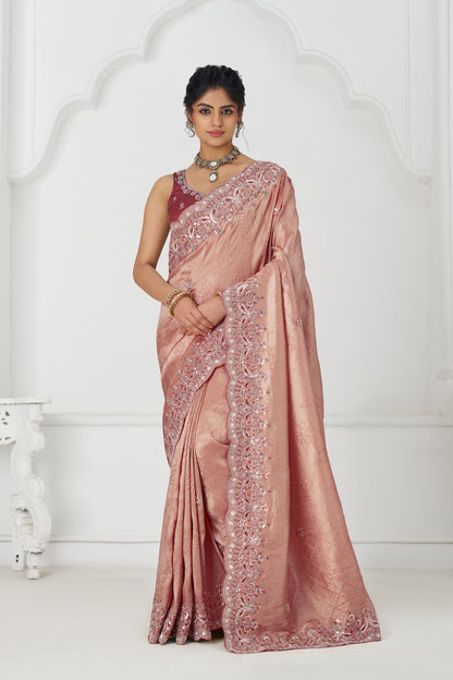 Pink Dola Viscose Silk Sequins And Beads Embroidery Bridesmaid Saree