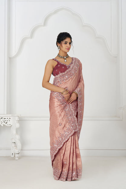 Pink Dola Viscose Silk Sequins And Beads Embroidery Bridesmaid Saree