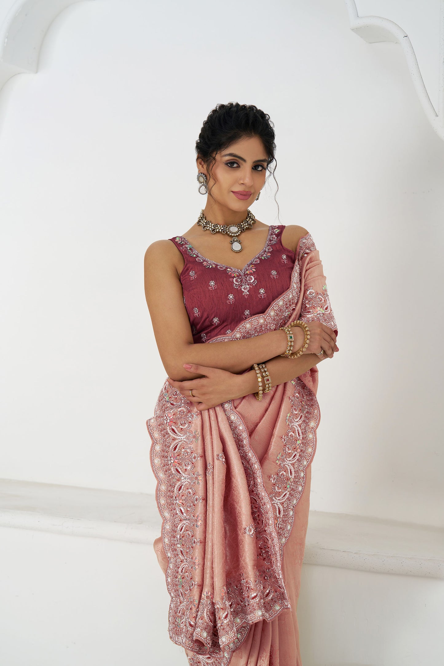 Pink Dola Viscose Silk Sequins And Beads Embroidery Bridesmaid Saree