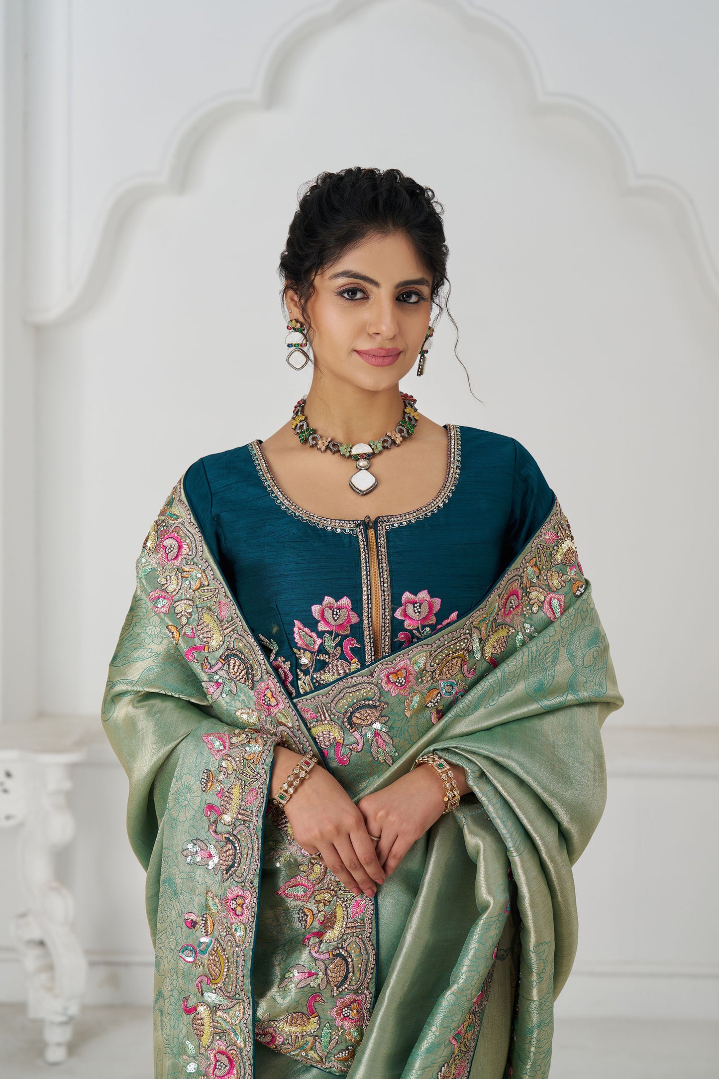Green Dola Viscose Silk Multi-thread Embroidery Reception Saree