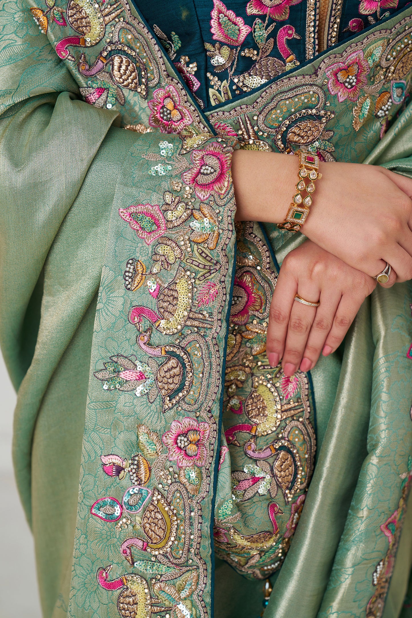 Green Dola Viscose Silk Multi-thread Embroidery Reception Saree