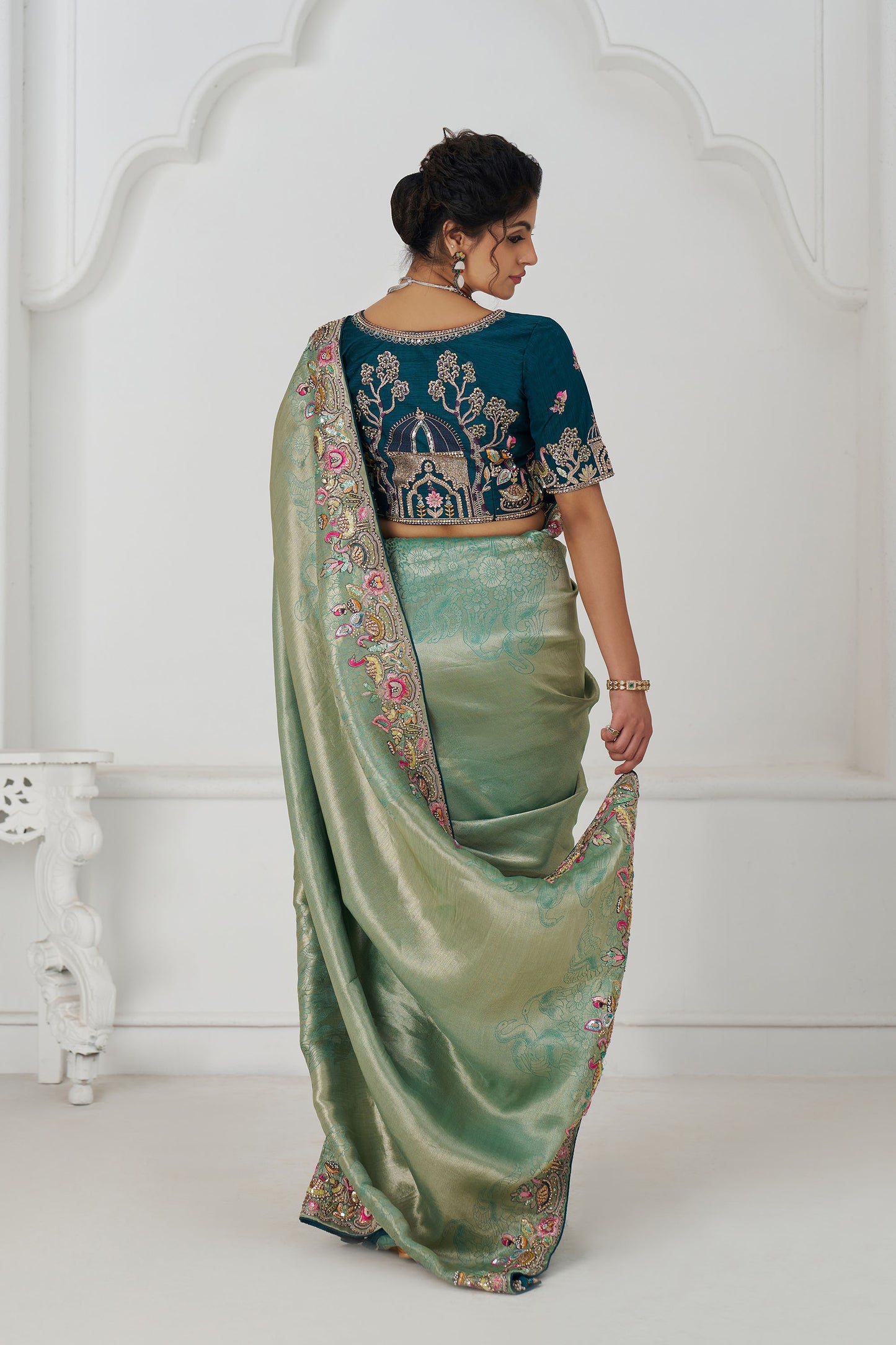 Green Dola Viscose Silk Multi-thread Embroidery Reception Saree
