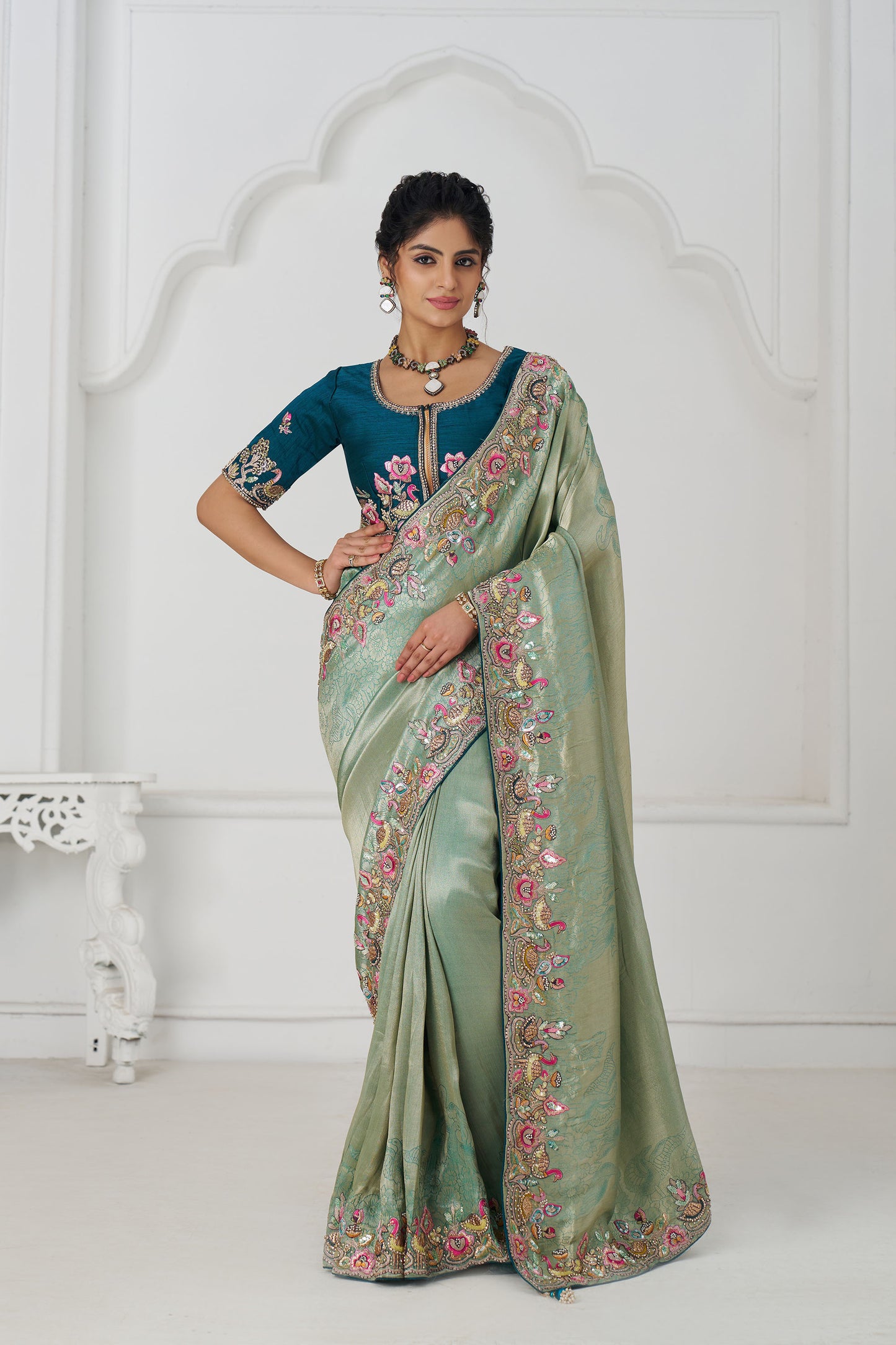Green Dola Viscose Silk Multi-thread Embroidery Reception Saree