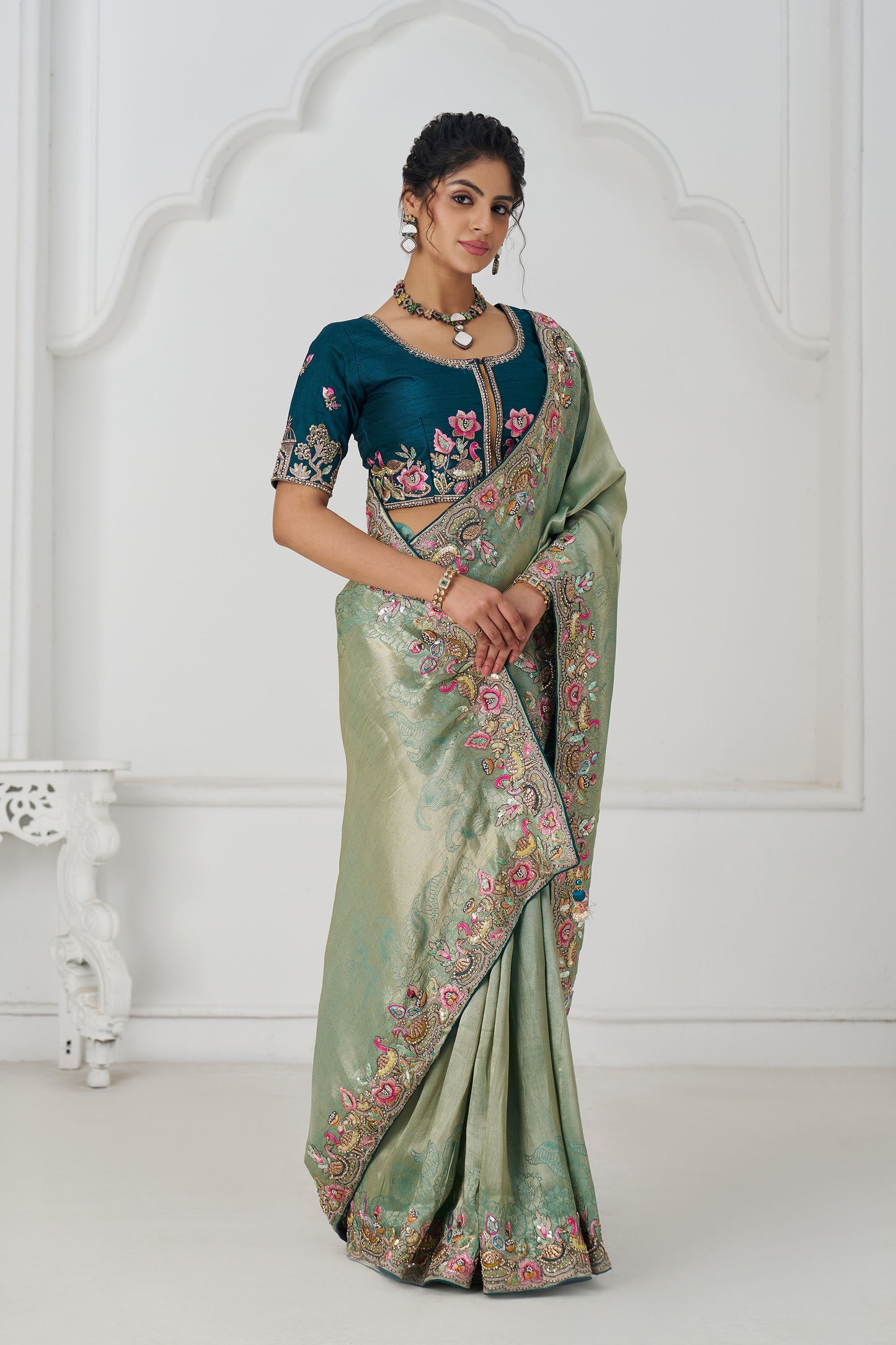 Green Dola Viscose Silk Multi-thread Embroidery Reception Saree