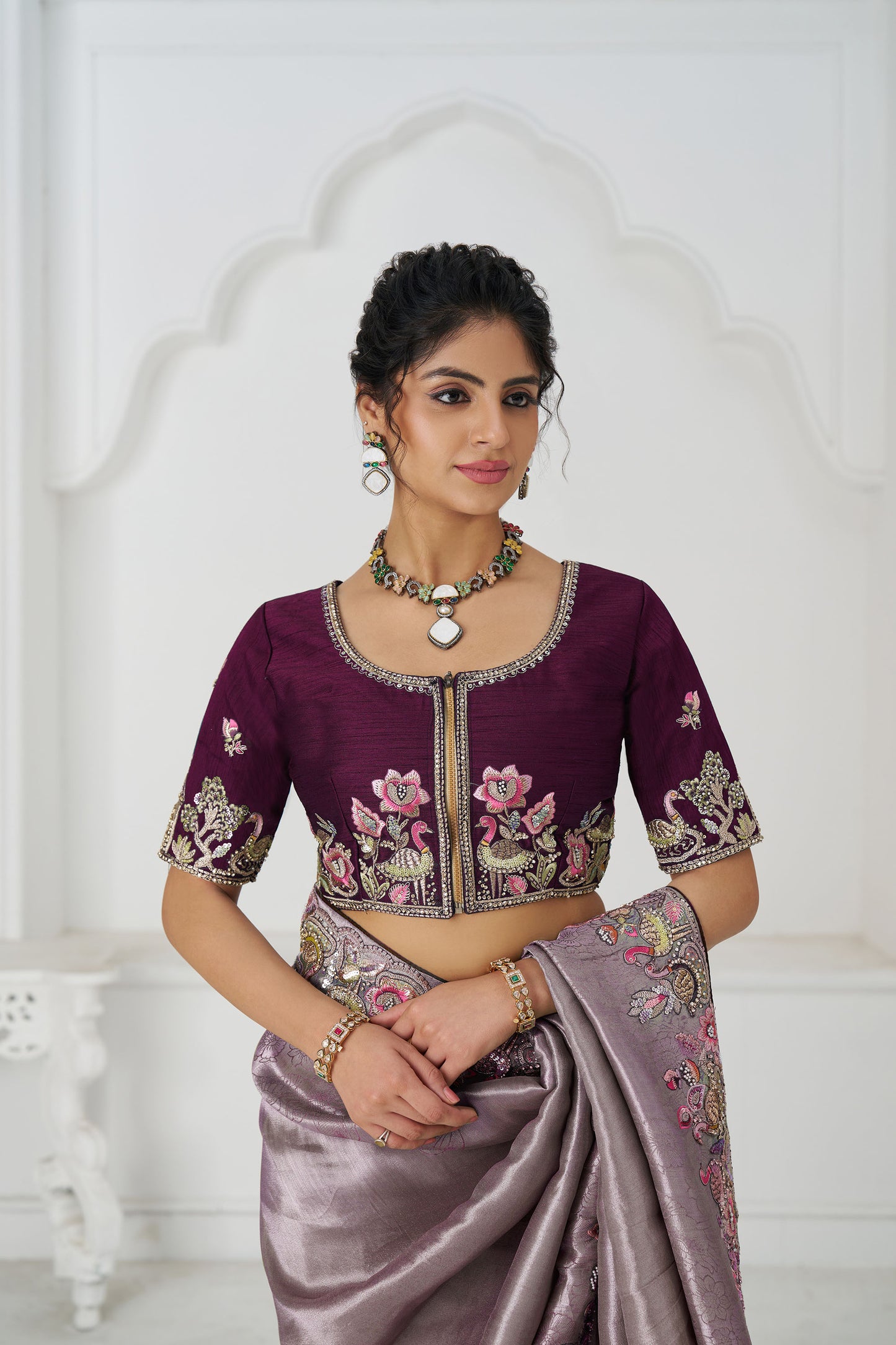 Mauve Color Reception Saree With Multi-thread And Sequins Embroidery