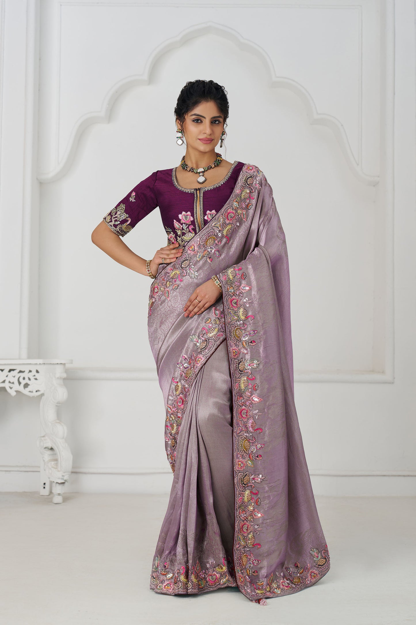 Mauve Color Reception Saree With Multi-thread And Sequins Embroidery
