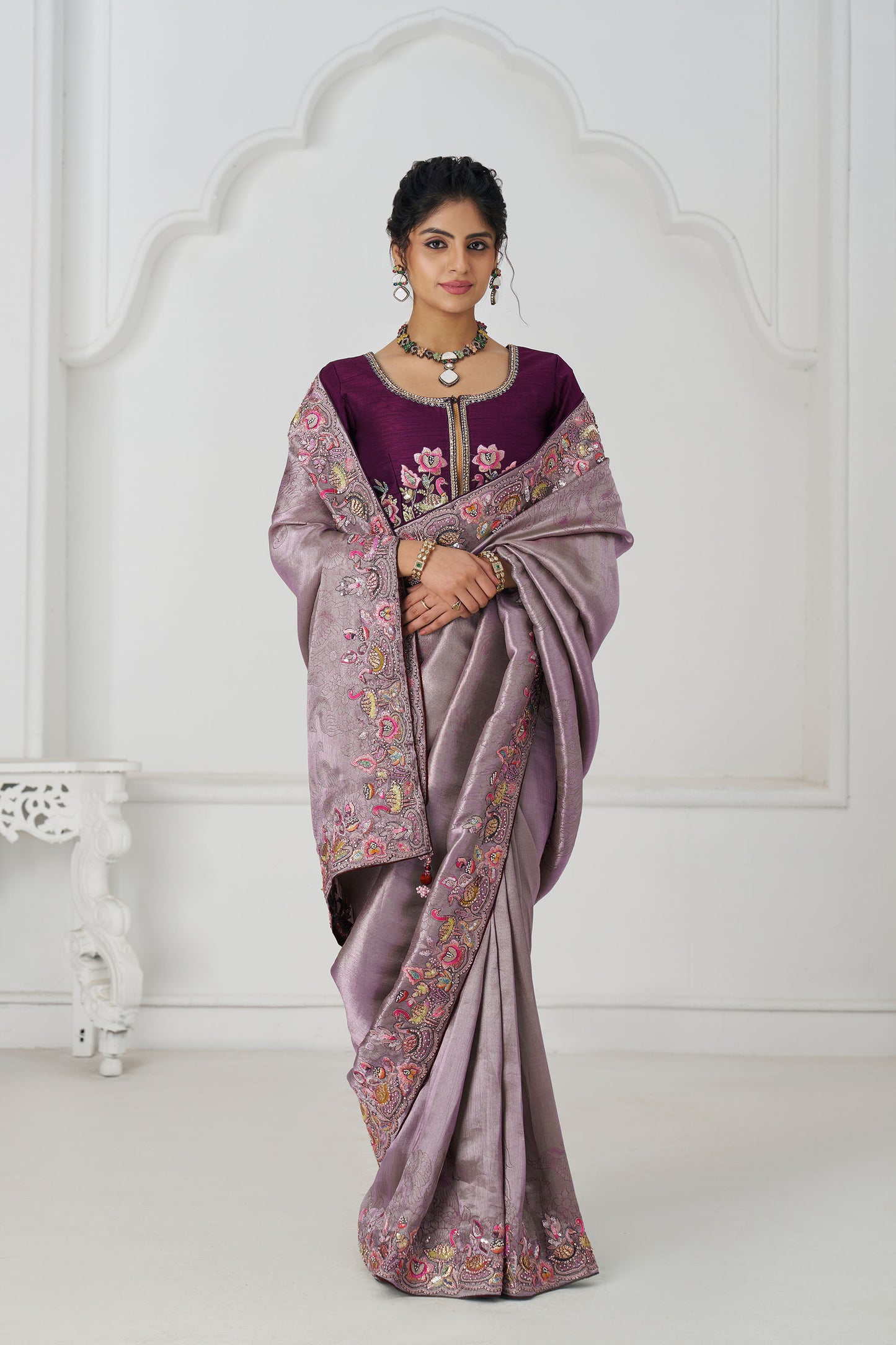 Mauve Color Reception Saree With Multi-thread And Sequins Embroidery