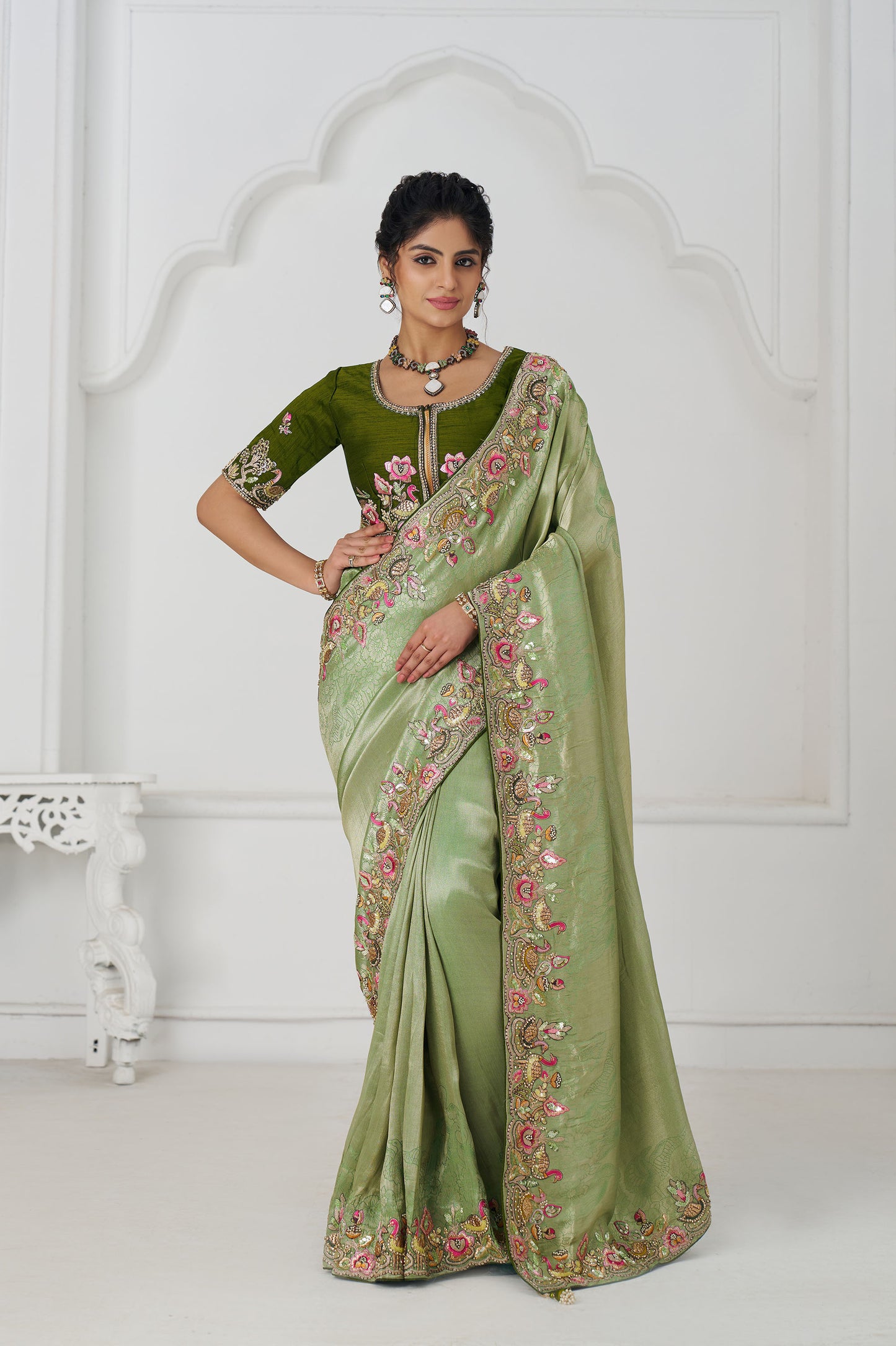 Mehendi Green Wedding Saree With Multi-thread And Sequins Embroidery
