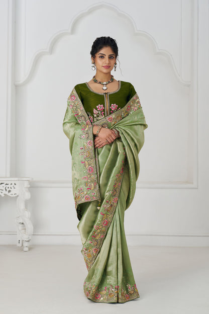 Mehendi Green Wedding Saree With Multi-thread And Sequins Embroidery