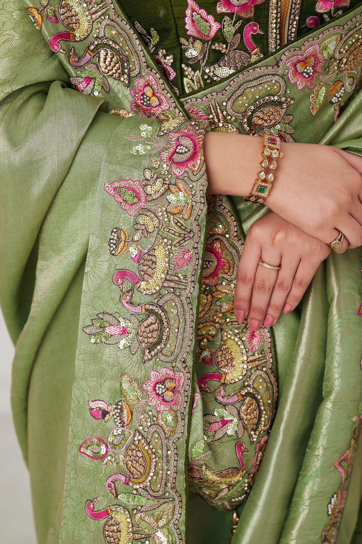 Mehendi Green Wedding Saree With Multi-thread And Sequins Embroidery