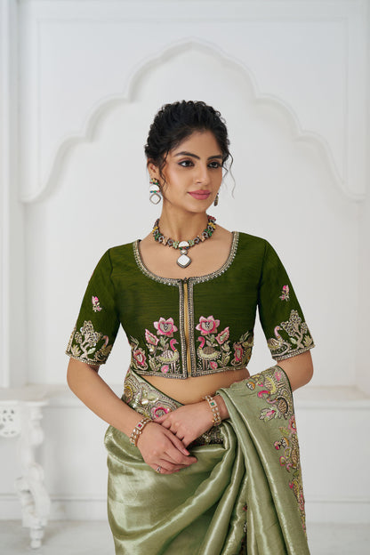 Mehendi Green Wedding Saree With Multi-thread And Sequins Embroidery