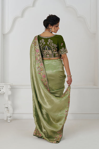 Mehendi Green Wedding Saree With Multi-thread And Sequins Embroidery