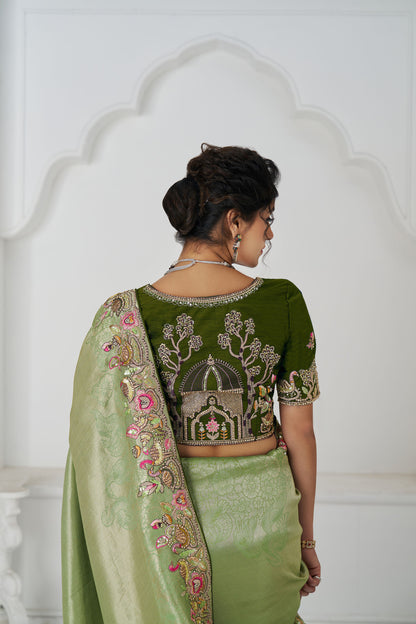 Mehendi Green Wedding Saree With Multi-thread And Sequins Embroidery