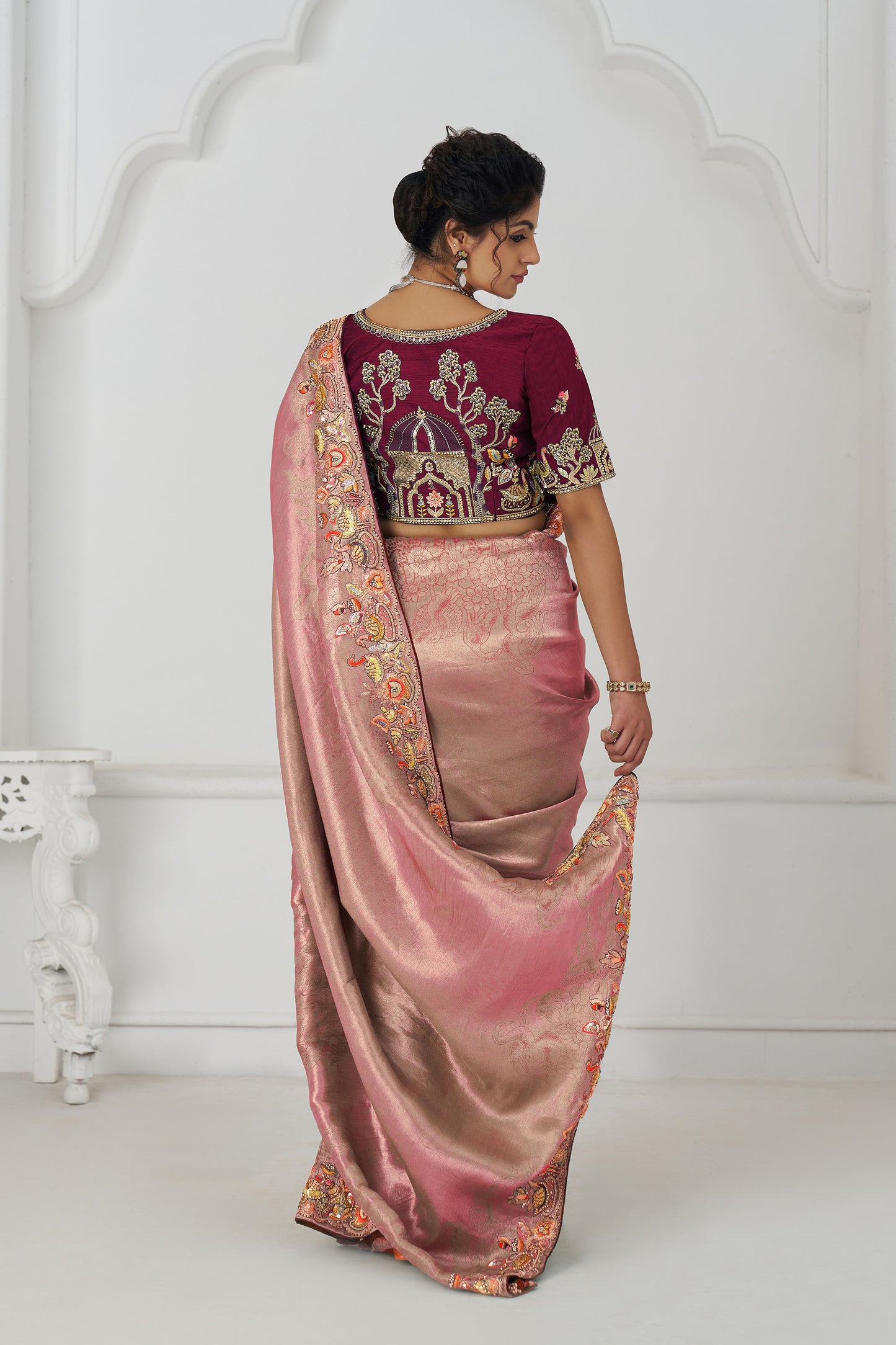 Pink Multi-Thread And Sequins Embroidery Wedding Saree