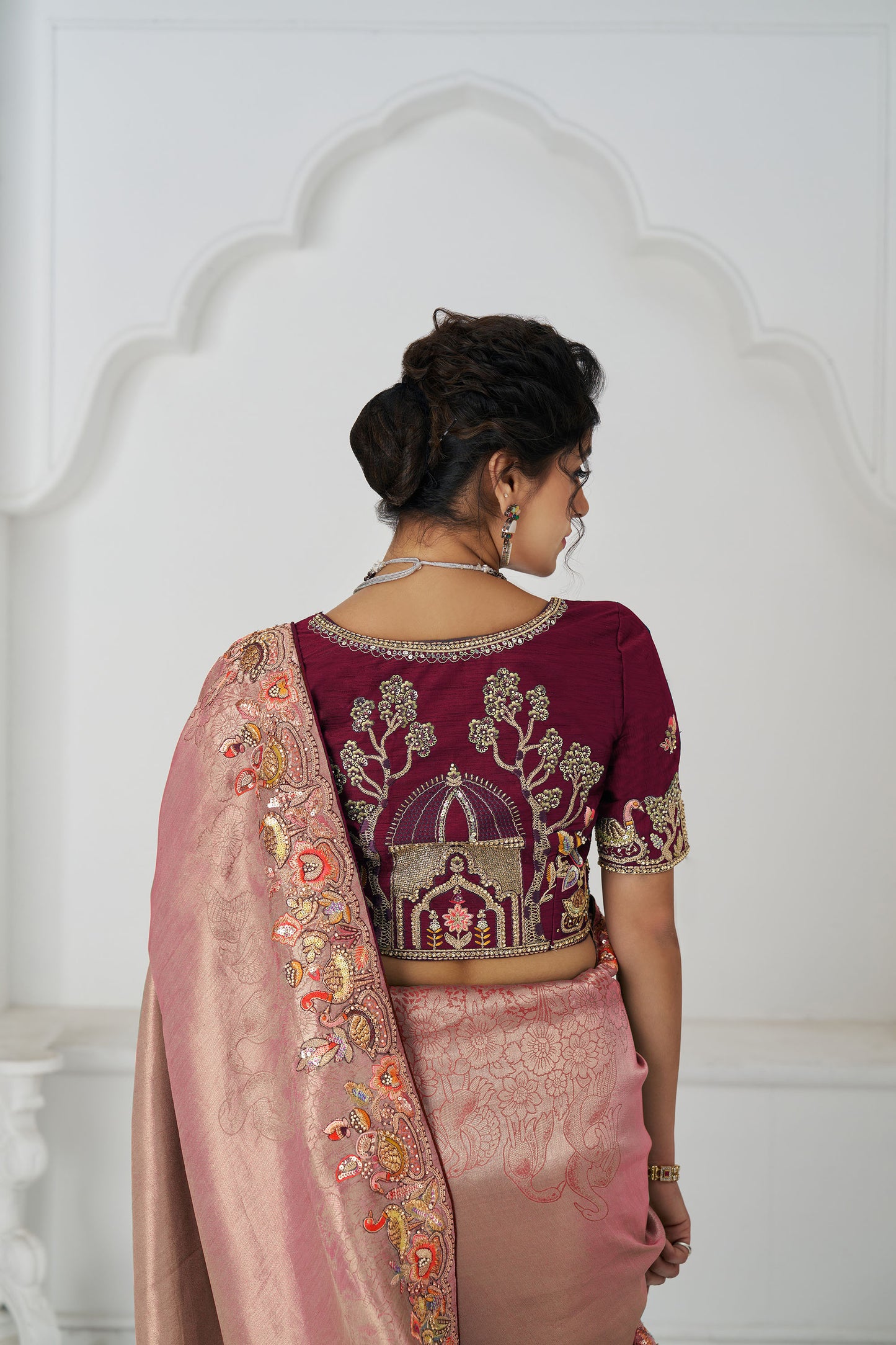 Pink Multi-Thread And Sequins Embroidery Wedding Saree
