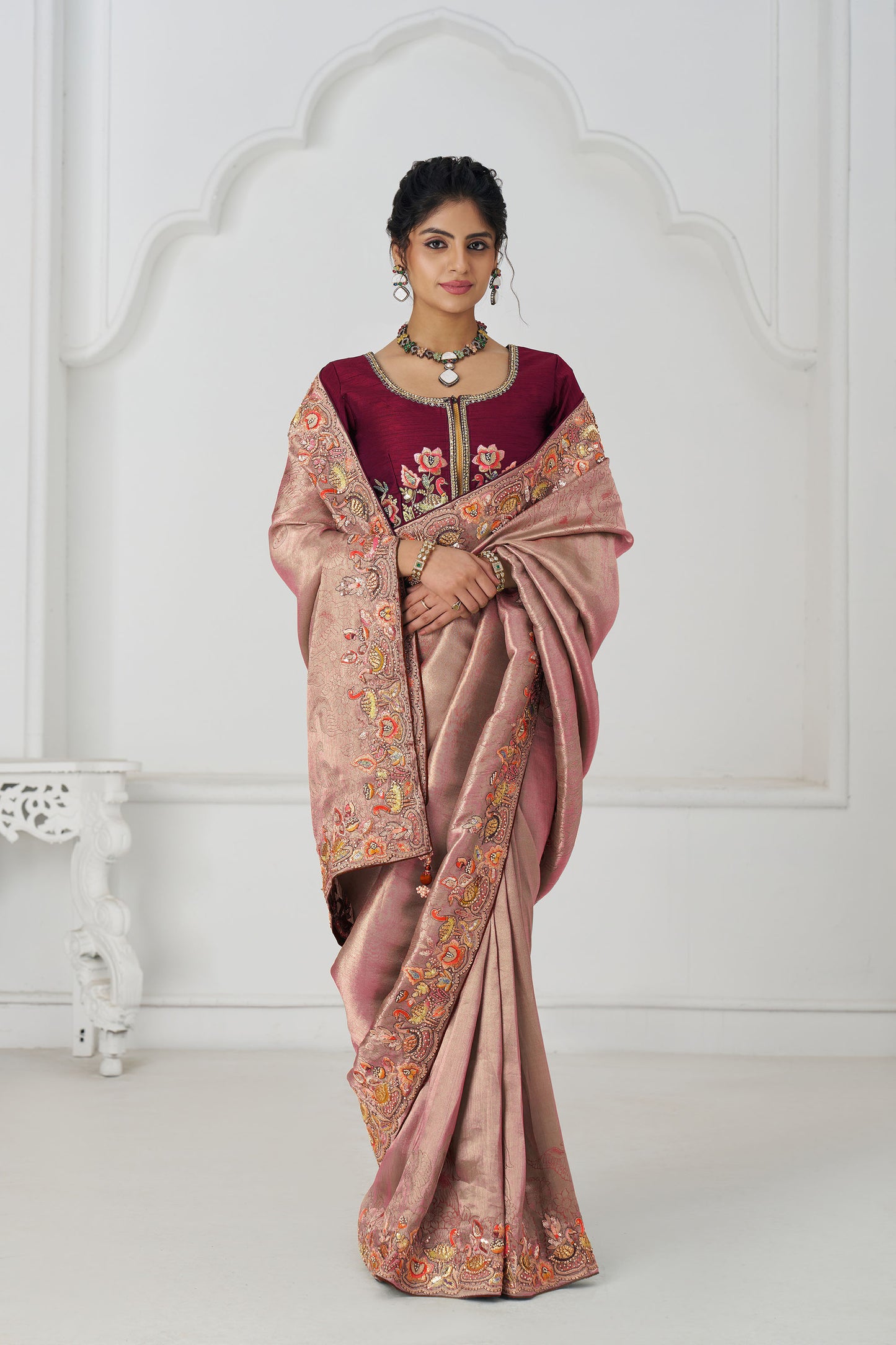 Pink Multi-Thread And Sequins Embroidery Wedding Saree