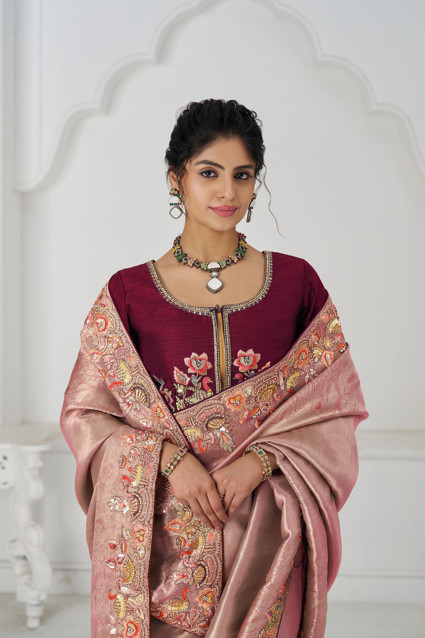 Pink Multi-Thread And Sequins Embroidery Wedding Saree