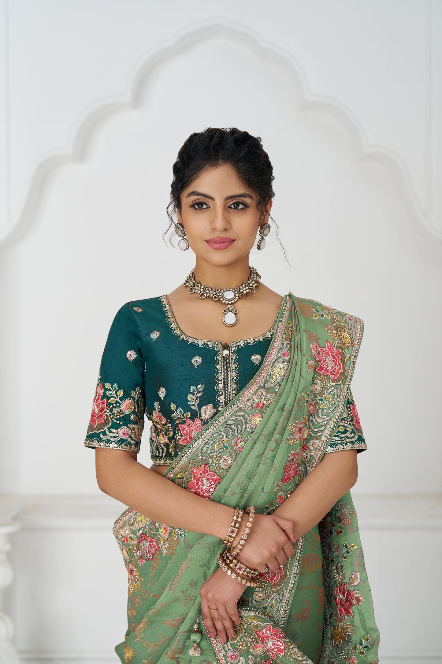 Green Dola Viscose  Silk Multi-thread Embroidered Saree With Floral Embroidery