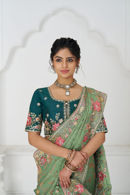 Green Dola Viscose  Silk Multi-thread Embroidered Saree With Floral Embroidery